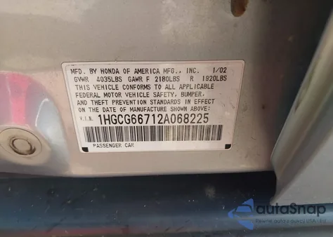 2002 Honda Accord 2.3 Lx из США, поврежденный, VIN 1HGCG66712A068225